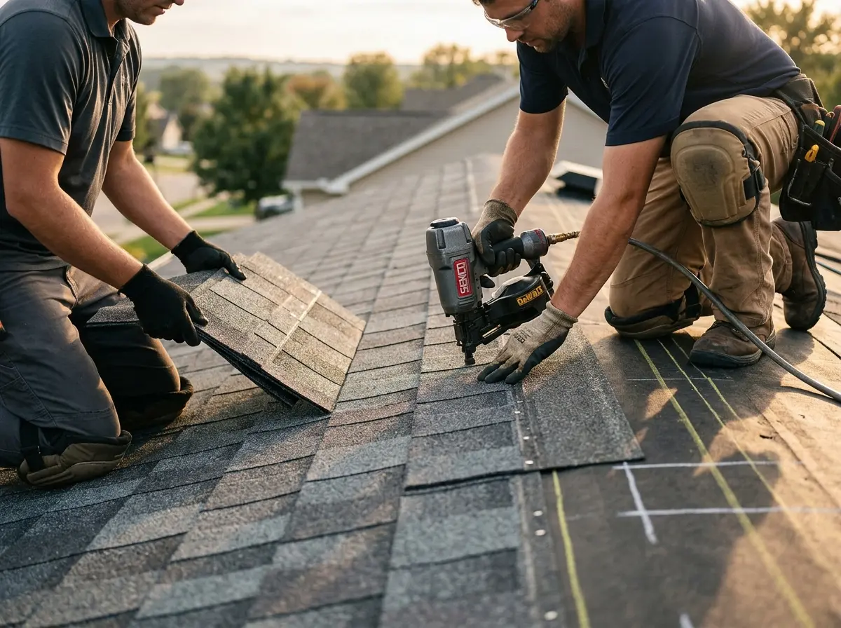 Professional roofer working on a residential roof in North Fair Oaks